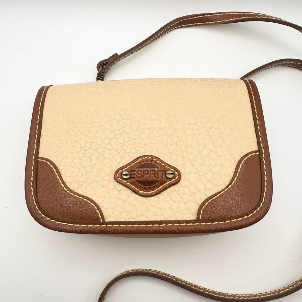 Esprit Beige Tan Trim Mini Camera Crossbody Bag Vintage 90s Faux Pebble Leather - Picture 3 of 10